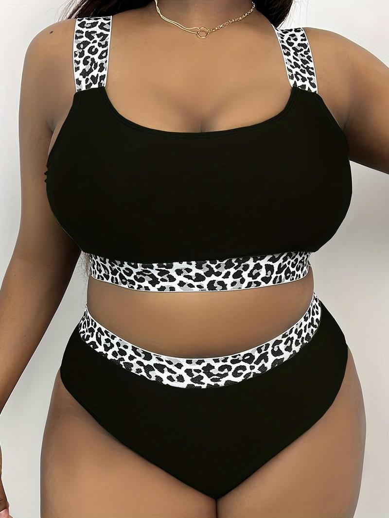 Plus Leopard Patchwork Print Tape Waist Swimsuit, Summer Clothes Women, Women's Casual Comfy Breathable High Stretch Swimwear for Summer, Swim Tankini Tops