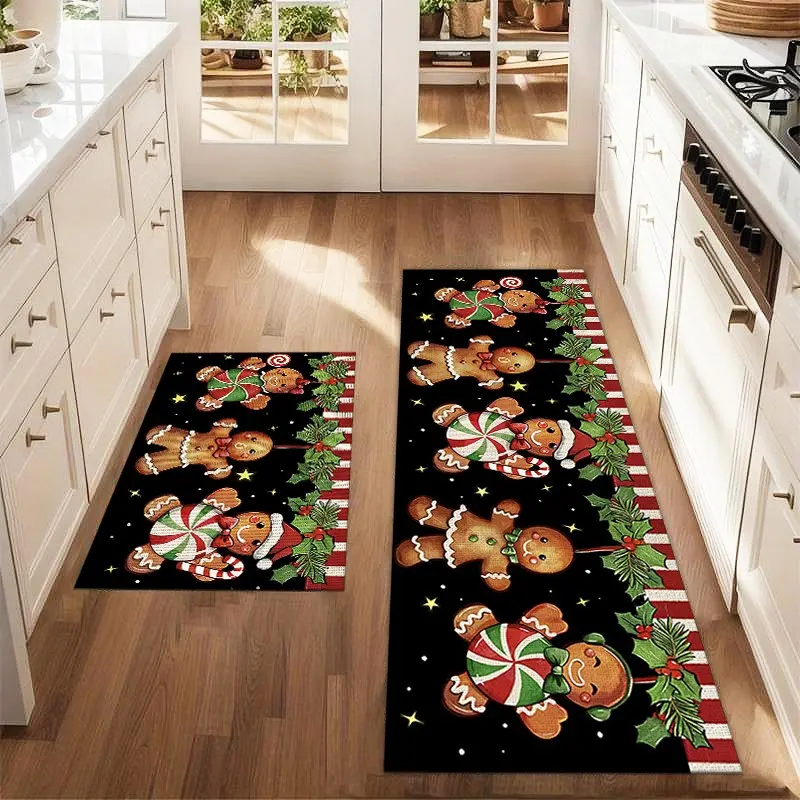 2pcs Christmas Gingerbread Man Rug Set, Farmhouse Kitchen Carpet, Dining Room Floor Mat, Laundry Room Decorative Rug Pad