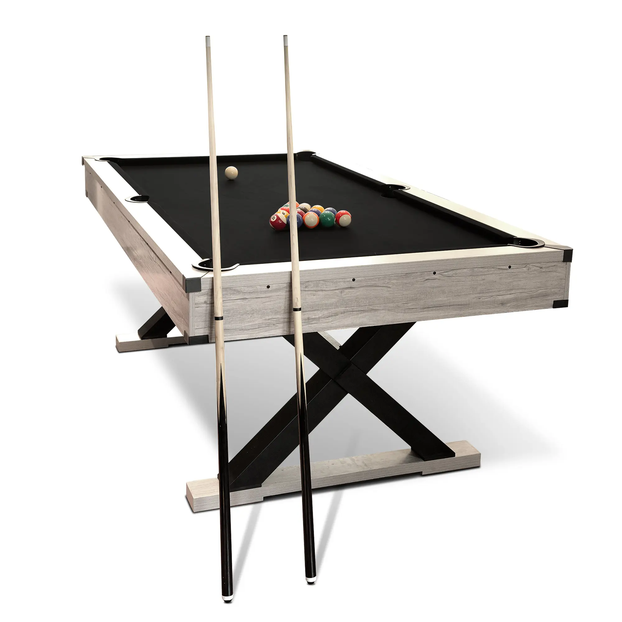 7-Ft Professional HDF Wood Pool Table Set for Home Game Room, Sturdy X-Leg Legs, Rustic Grey Frame, Red Playing Surface, Home Fit True Play Billiard Furniture, 84x46.5x32.7in Dimensions