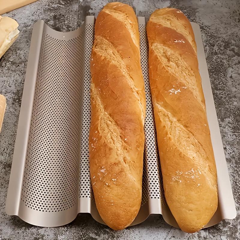 Baguette Pan, French Bread Pan, Non-stick 3-slot Perforated Italian Bread Pan Mold Long French Bread Pan, Perfect for Thanksgiving & Everyday Baking, Golden