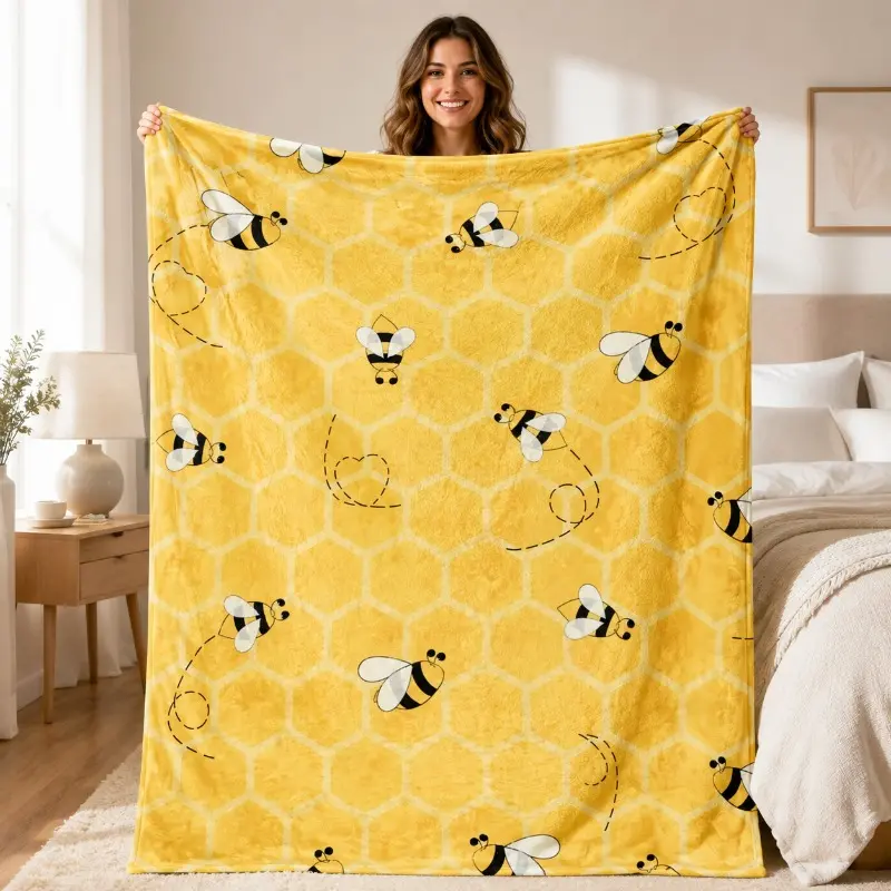 A Vintage Yellow Flannel Blanket Featuring a Bee Design - Suitable for All Seasons, Made from Fabric with Digital Prints, Versatile for Animal-Themed Bedding, Great for Napping, Camping, Traveling, And Home Decor, an Excellent Gift for Loved Ones