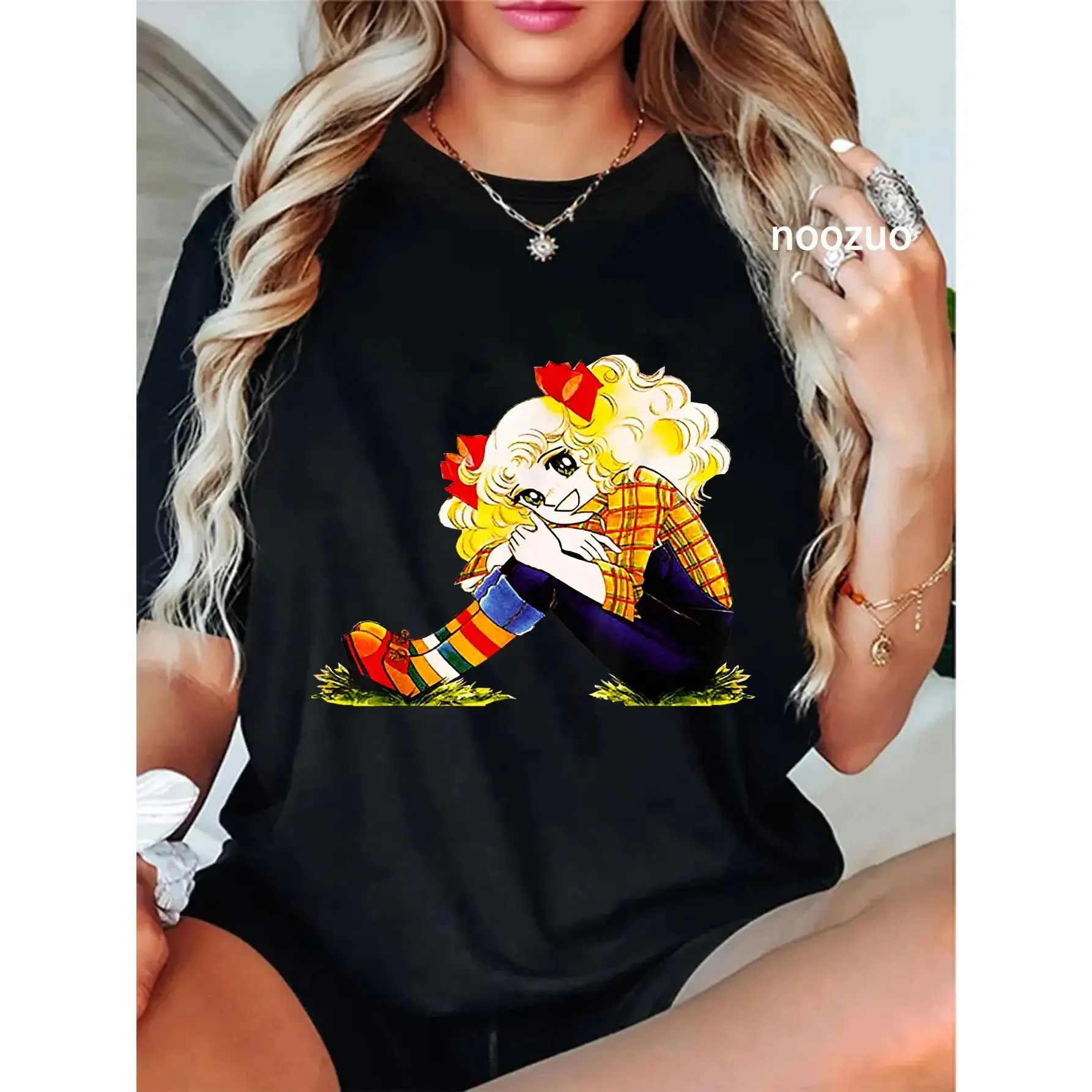 Women's 100% Pure Cotton Short-Sleeve Graphic Print T-Shirt - Regular Fit, Drop Shoulder, Foldable Tee, Round Neck, Retro 80s Japanese Candy Anime Streetwear, All-Season Casual Top, Machine Washable