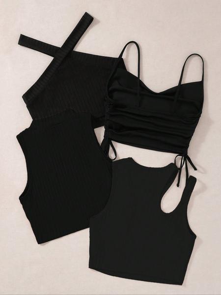 Women's Knitted Hollow Out Drawstring Crop Top Set, Summer Fashion Casual Sleeveless Vest, 4 Piece Short Tank Tops for Women, Outdoor