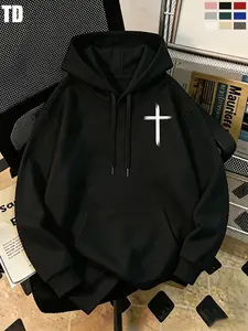 TD Fall Winter Casual Men's Hooded Sweatshirt, Cross Pattern Letter Print, Long Sleeve Fitted Street Style, Graphic Pullover