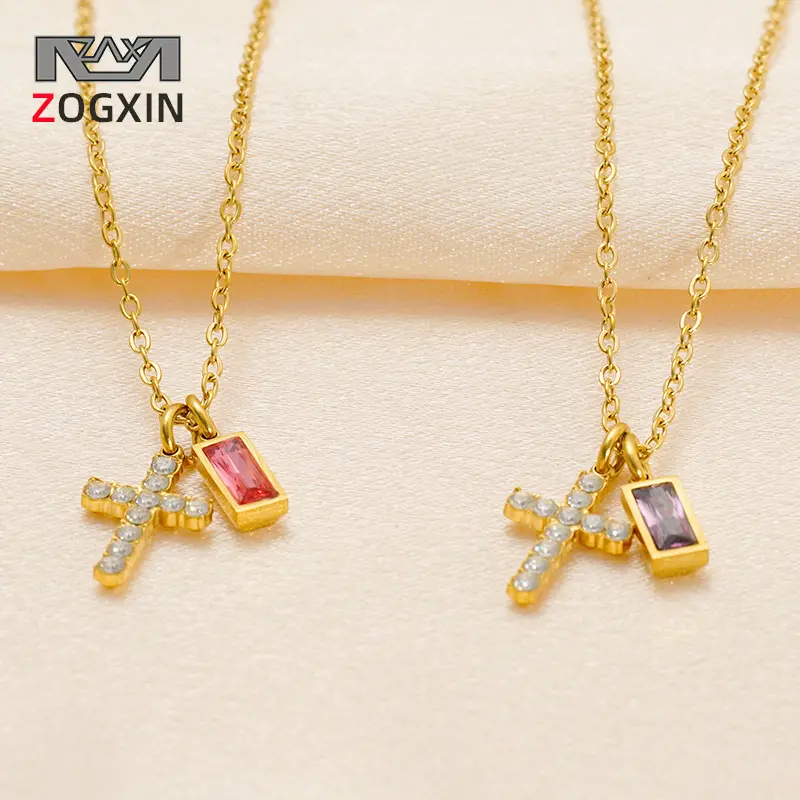 Zodiac Minimalist Cross Clavicle Chain, Zircon Inlaid Birthstone Month Pendant Necklace, Custom Month Blessing Jewelry For Birthday Gift