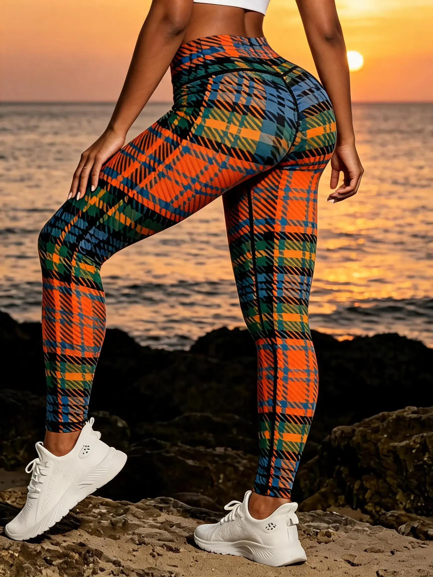 High Elasticity Plaid Print Tight-Fit Leggings, Butt-Lifting Body Shaping Modern Style Sporty Casual Women's Indoor Outdoor Wear, Hip Lifting Leggings, Activewear Bottoms, Fitness Bottoms, High Stretch Leggings