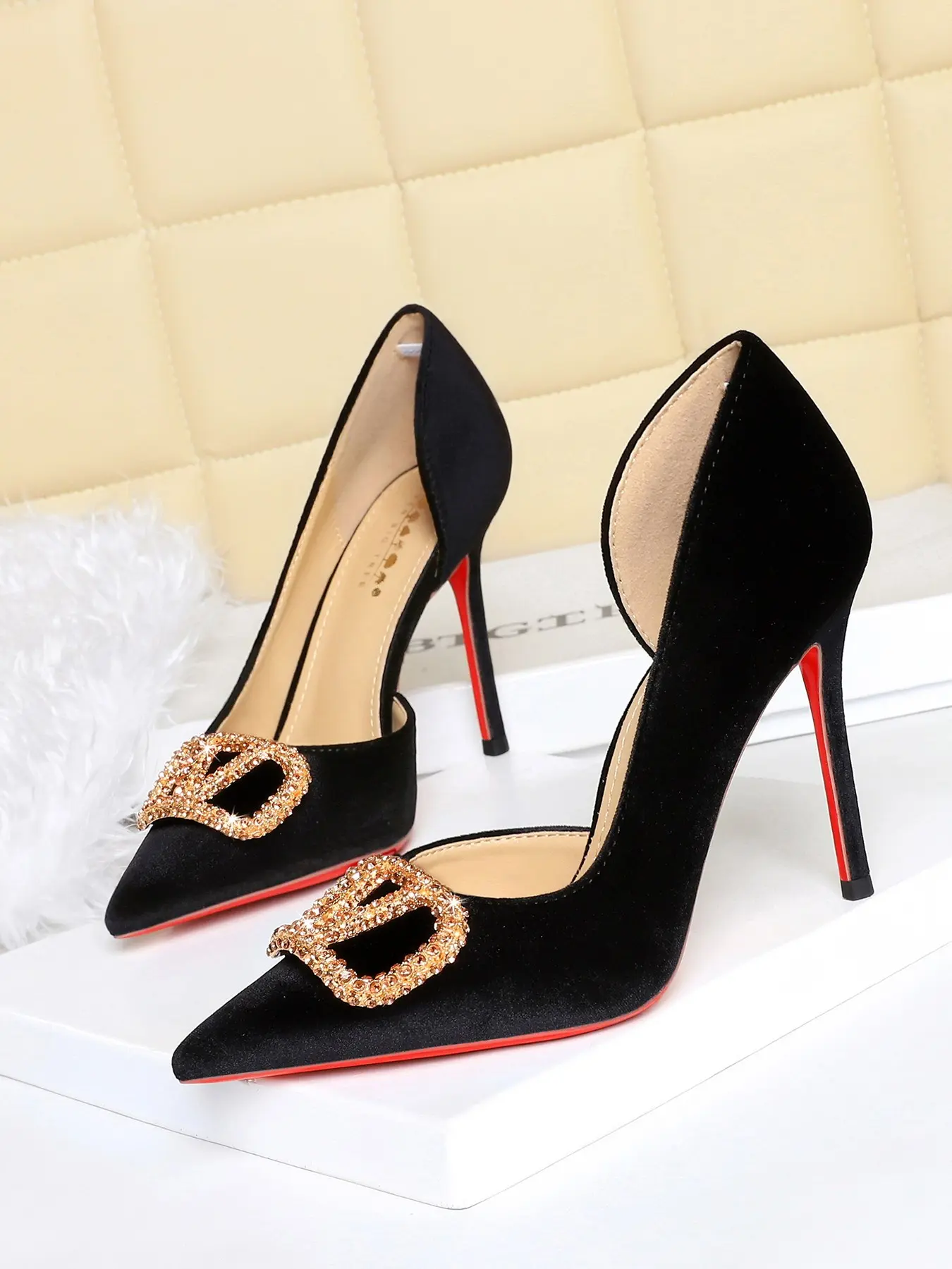 Women's Sexy Evening High Heels, Rhinestone V-Strap Slip-On Shoes, Narrow Heel Side Cut-Out Design, European and American Style