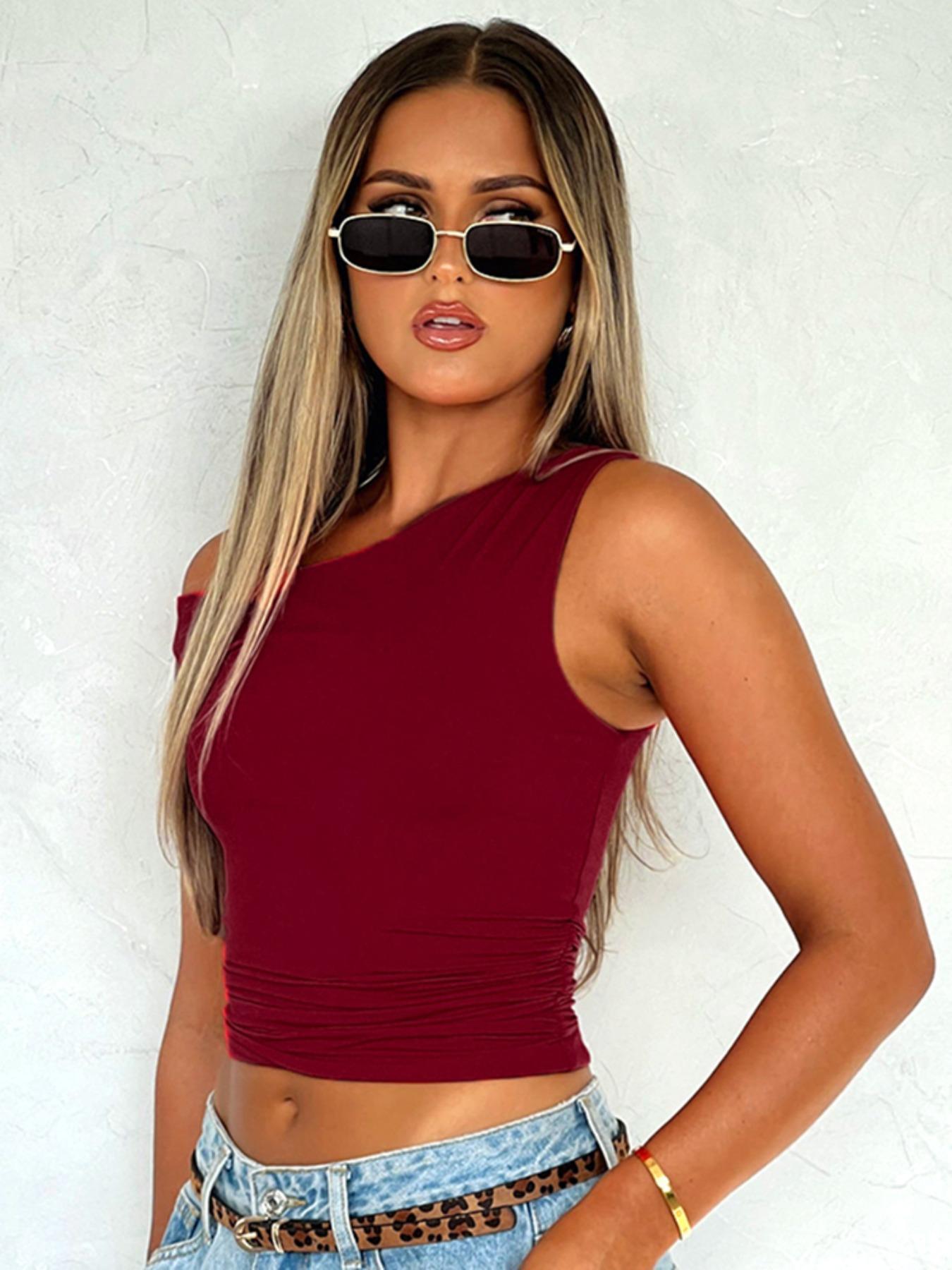 Women's Plain Asymmetrical Neck Ruched Sleeveless Tank Top, Casual Aesthetic Fashion Slim-fitting Top for Summer, Women's Clothing for Daily Wear, Fall&winter Clothing,  Gift for Girl, Womenswear