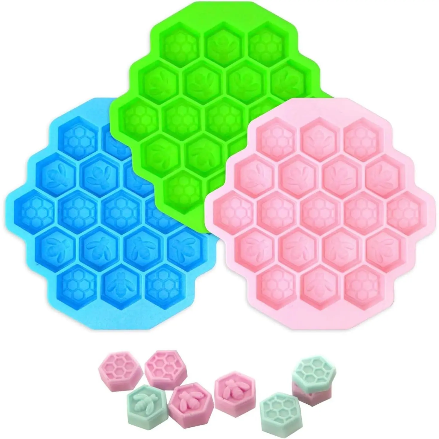 3Pcs Honeycomb Bees Silicone Molds, 19 Cavities Chocolate Molds, Food Grade Silicone Baking Molds, Non-Stick Cake Mold for Chocolate, Candy, Jelly, Ice Cube, Mini Cakes (Pink, Green, Blue)Gift