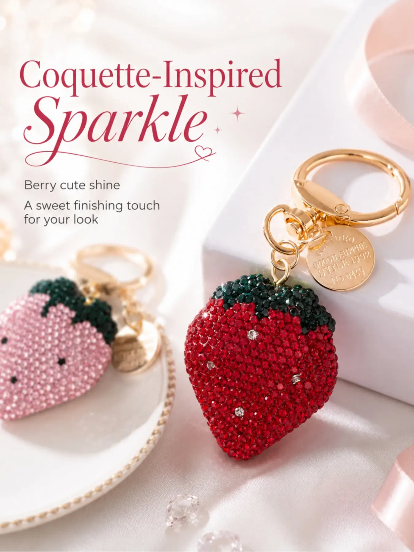 Sparkling Rhinestone Strawberry Keychain, Glitter Keychain, Bling Crystal Strawberry Bag Charm Fruit Pendant Strawberry Shape Keyring Engraved Metal Tag Car Key Holder Red Berry Key Ring Backpack Clip Charms Purse Accessory Coquette Aesthetic