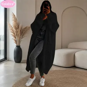 Yolabra Women Open Front Long Maxi Chunky Knit Cardigan Oversized Puff Sleeve Pocket Fall Sweater CoatSolid Color Longline Chunky Knit Open Cardigan Oversized Casual Daily Wear Ladies Sweater Outerwear