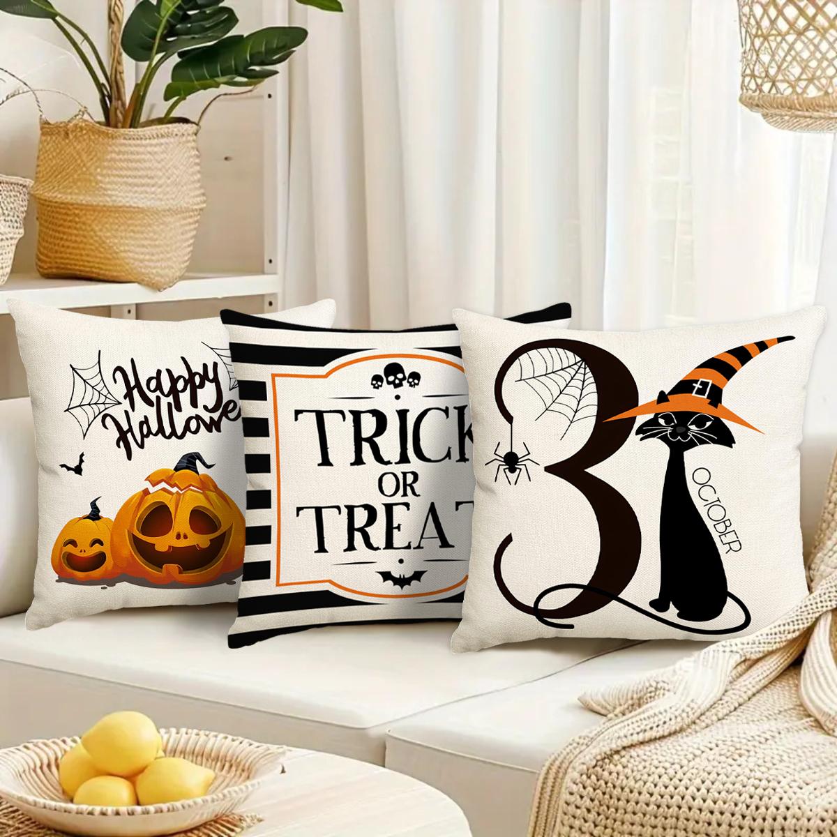 Halloween Themed Pillow Cover, 4 Counts/set Pumpkin & Cat & Skull Pattern Cushion Cover without Filler, Halloween Decoration, Decorative Pillow Cover for Home Sofa Bed