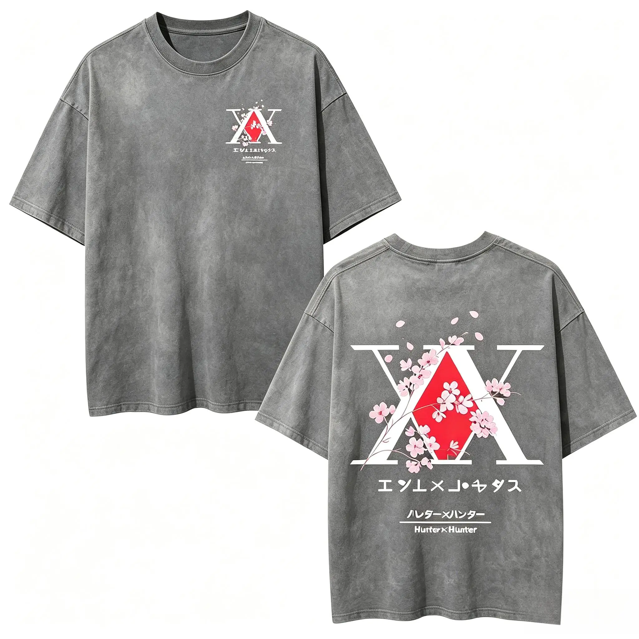 Anime Hunter X Hunter Logo Vintage  T Shirt Killua Gon Cherry Blossom Graphic T-shirt Men Fashion Casual Oversized Tshirt Menswear Top