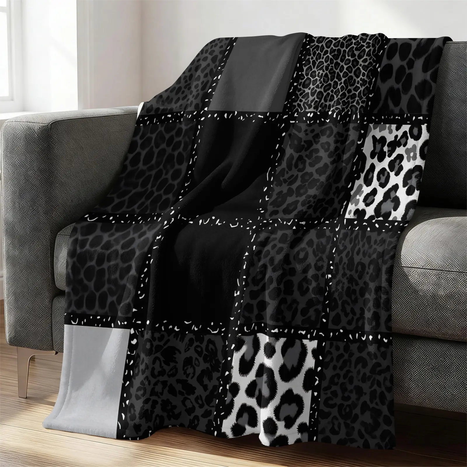 Dark Y2K Leopard Spliced Print Flannel Throw Blanket, Lightweight, Soft And Breathable. Black-Gray Cheetah Print Works For Sofas, Dorms, Travel And Camping. Delivers Cool Personal Charm, Trendy All-Season Blanket