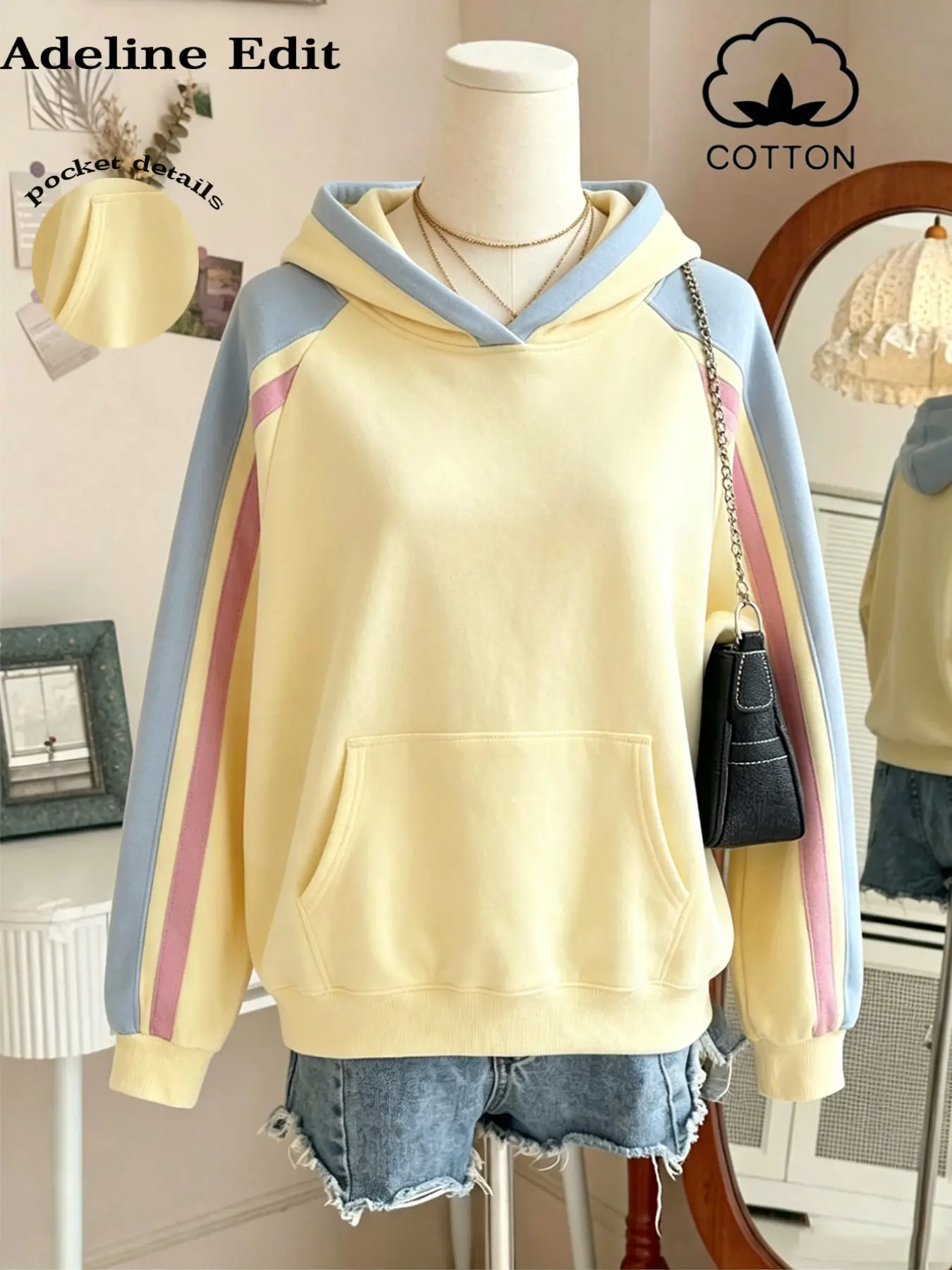Cute Multi-Color Patchwork Long Sleeve Hoodie, Large Pockets, Loose Fit, Cotton Blend, Casual Fall Winter Streetwear, Daily Wear