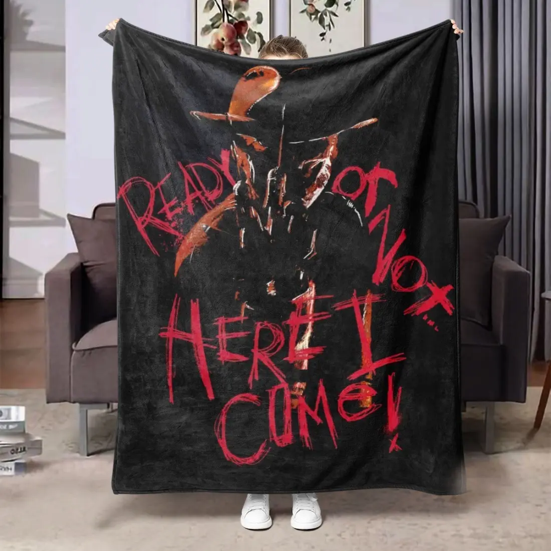 Freddy Krueger Flannel Throw Blanket Ready Or Not Here I Come Scratch Graffiti Text Horror Movie Character Dark Grunge Art Soft Fleece Blanket Halloween Sofa Decor Gift for Horror Fans
