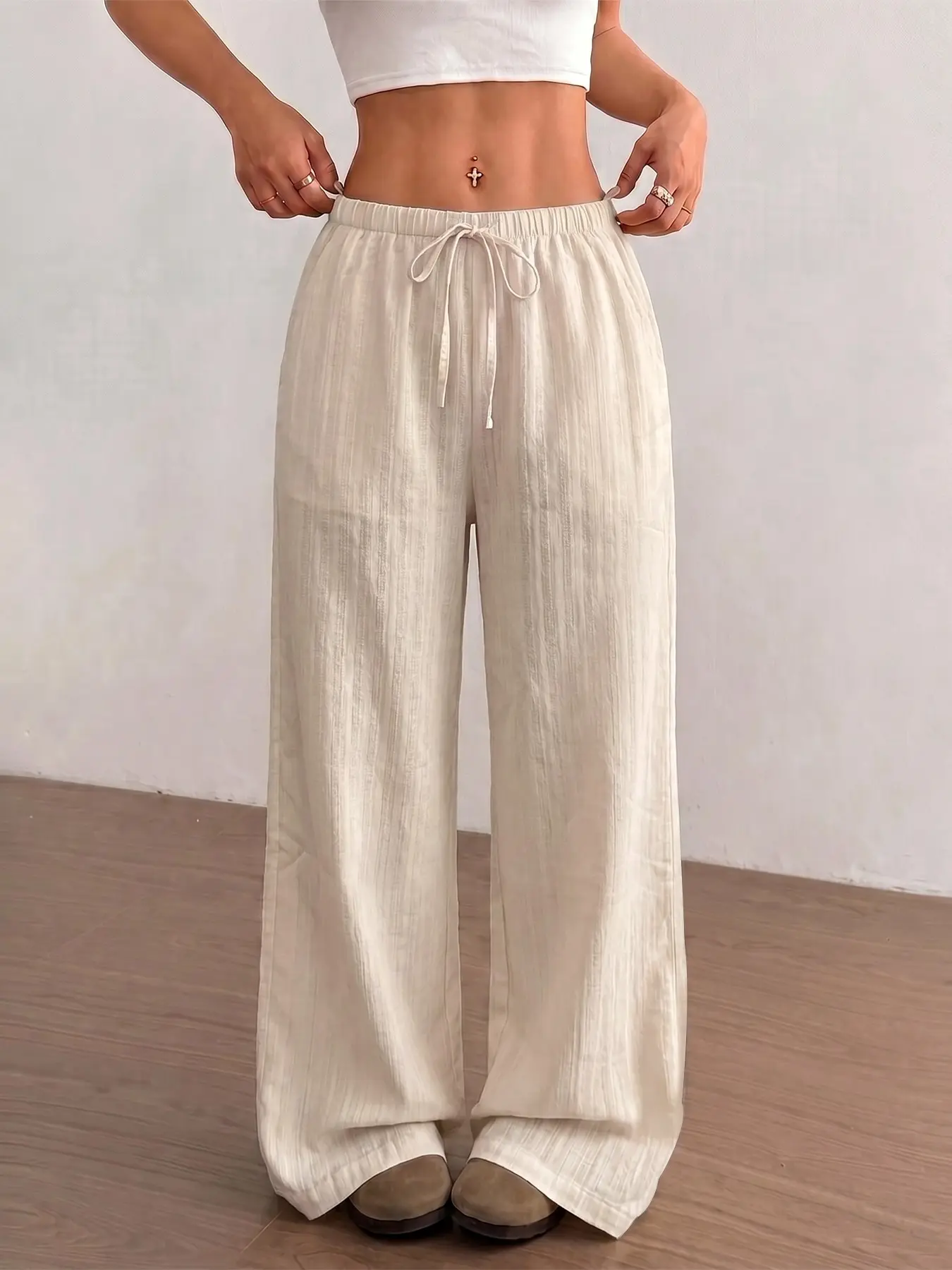 Vertical-Textured Wide-Leg Floor-Length Trousers, Drawstring Waist, Adjustable, Loose Straight-Leg Casual Pants, Bottoms, Chic and Slimming, Everyday Look