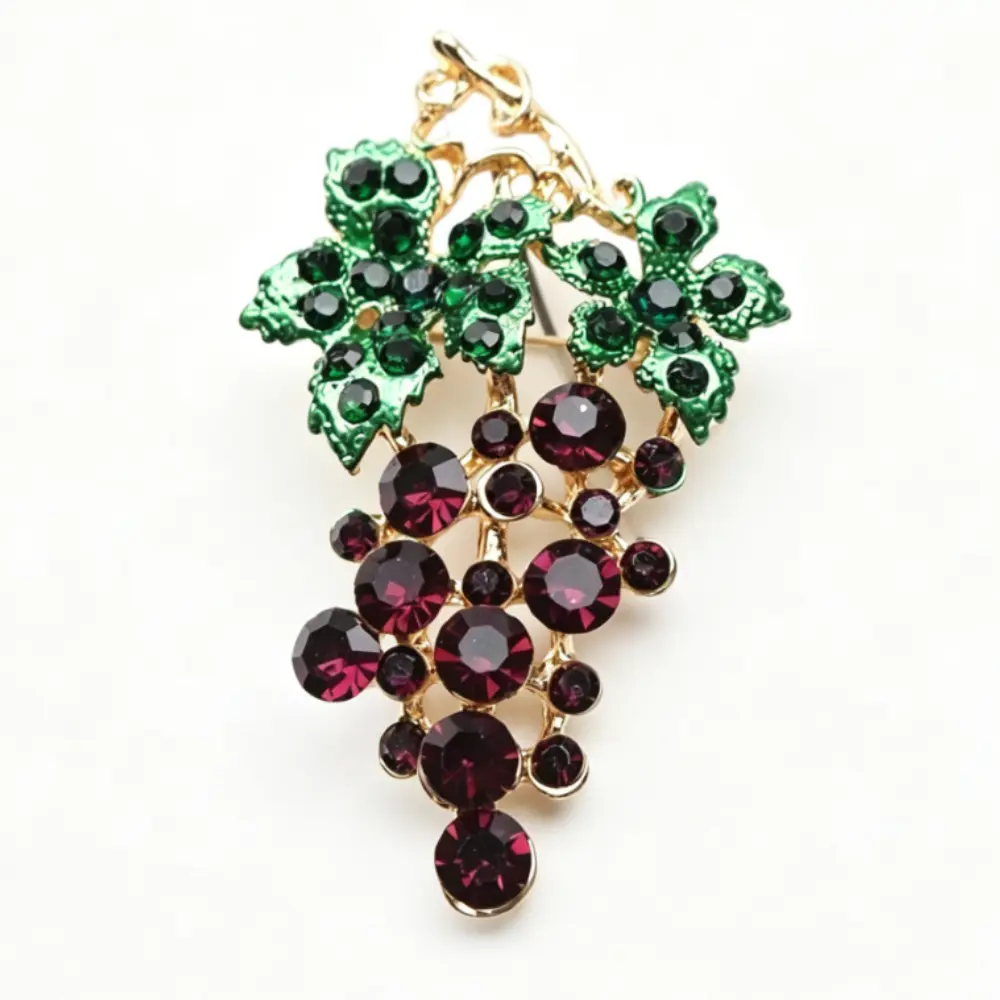 Unisex Vintage Sparkle Grape Brooch Purple Green Faux Gem Gold-Tone Alloy Pin