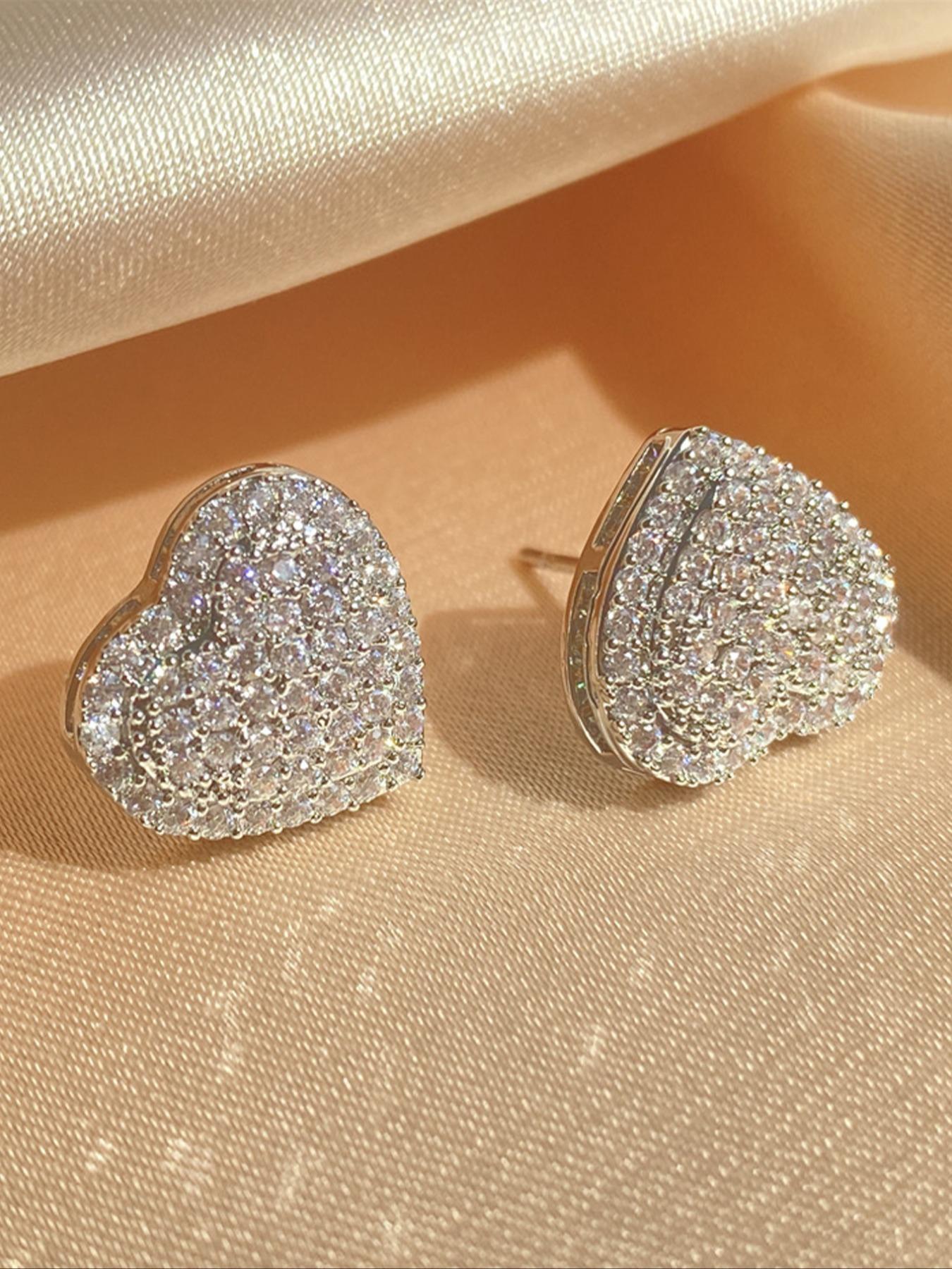 Elegant Heart Shaped Stud Earrings, Luxury Rhinestone Decor Stud Earrings, Fashion Matching Jewelry Accessories for Women, Rhinestone Decorated Bling, Studs Earrings