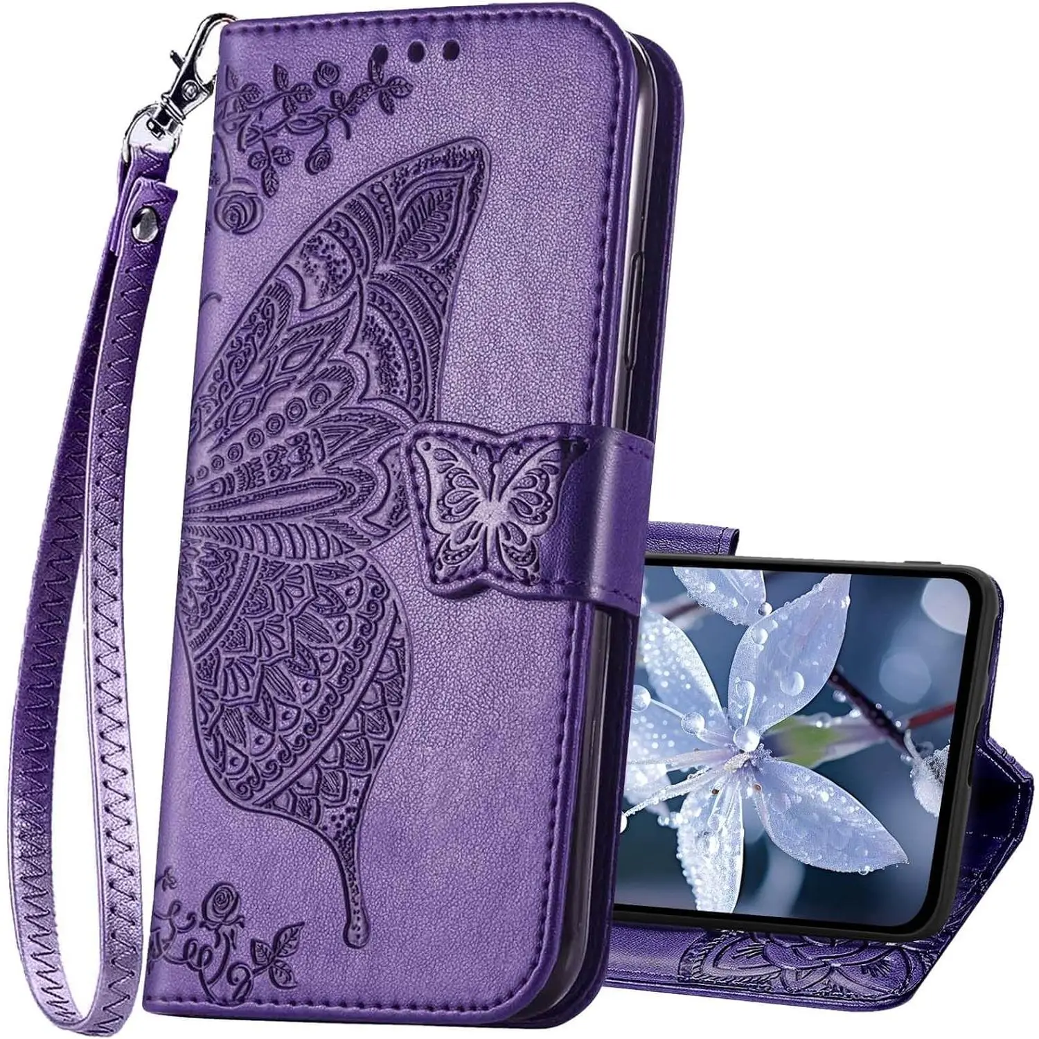 Butterfly Embossed PU Leather Wallet Case for Motorola Moto 5G 2025 Smartphone - Handheld Women's Purse Cover with Credit Card Holders, Stand, Wrist Strap, Protective for Cellphone Devices (Purple)