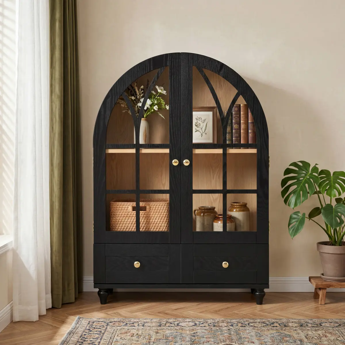 Mid-Century Modern Organic Modern Decor Storage Sideboard - Natural Wood Grain Cabinet with Tempered Glass Doors, Solid Wood Legs, Open Shelves, Decorative Drawer for Entryway, Dining Room