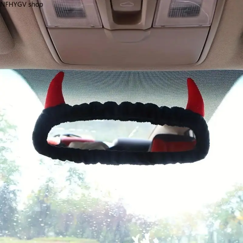 Cute Devil Horn Car Mirror Cover, Universal Fit Decorative Rearview Mirror Ornament, Soft Stylish Auto Interior Accessory for Daily Driving And Vehicle Interior Decoration Matching