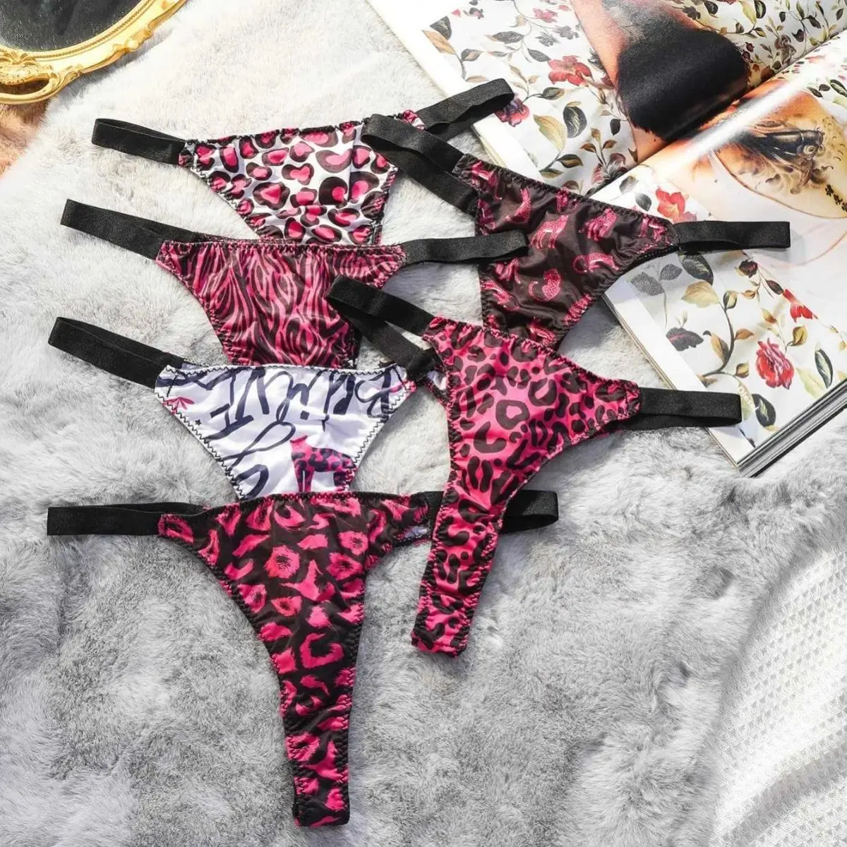 Women's 6-Pcs Low Waist Leopard Print Seamless Ice Silk Thongs, Cotton Crotch, Breathable Invisible G-String Underwear for Dating