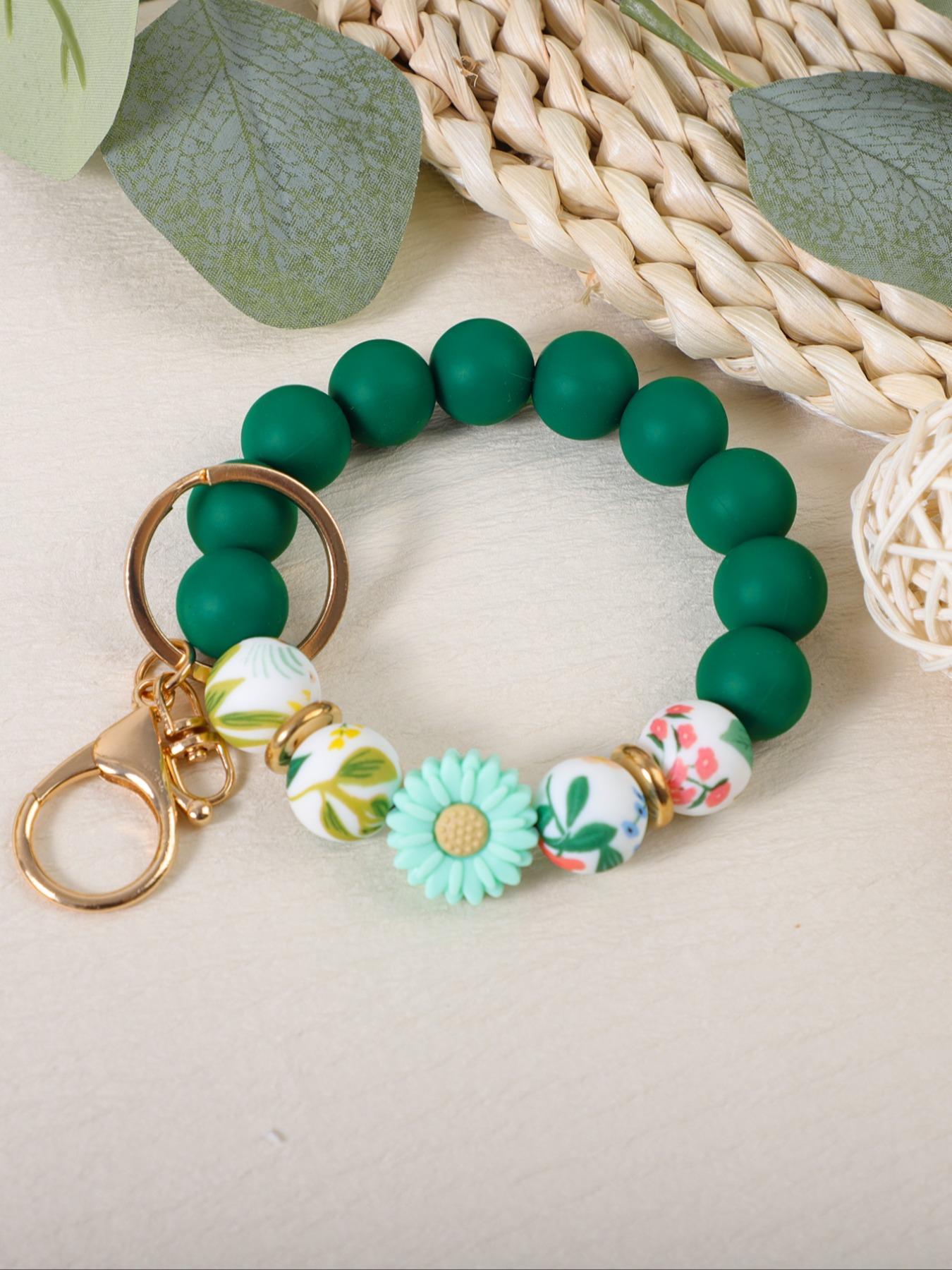 Boho Style Flower Decor Beaded Keychain, Vintage Style Silicone Beaded Keychain for Women & Men, Fashion Accessories for Daily Use, Floral Pattern Keychain