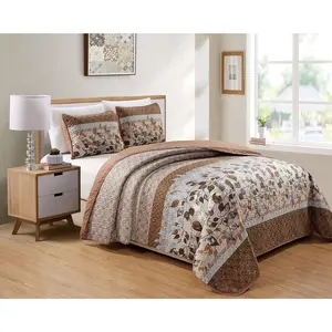 Home Linen Bedspread Set Brown Tan Sky Blue Leaves White New Fits King/California King