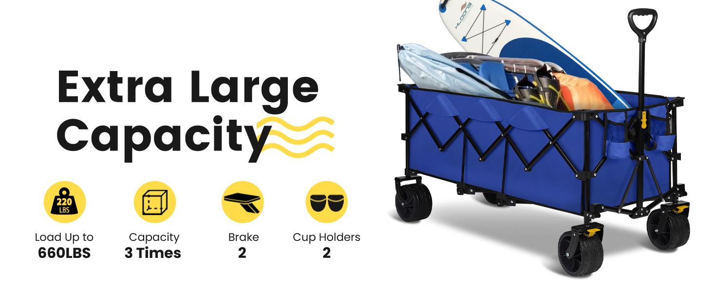 Extended Collapsible Foldable Wagon with 660lbs Weight Capacity, Heavy Duty Folding Utility Garden Cart with Big All-Terrain Beach Wheels & Drink Holders. Royal Blue