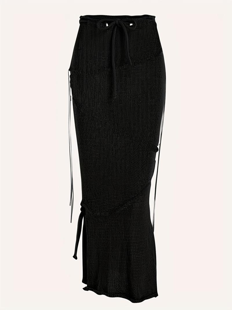 Solid Drawstring Split Side Tassel Sweater Skirt, Elegant Fashion Casual Tie Side Pencil Skirt for Daily Outdoor Wear, Women Knitwear for Spring Fall, Boho Skirt