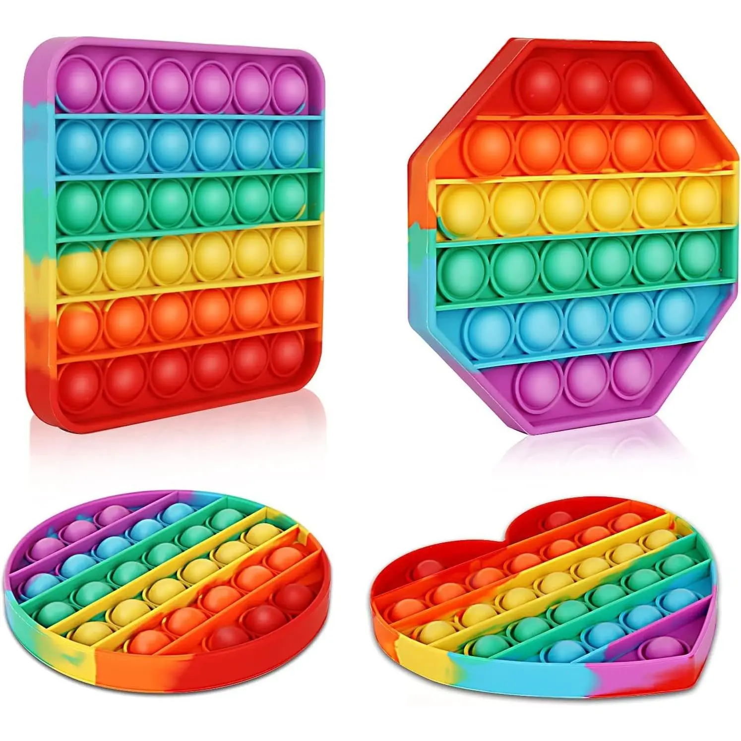Multipurpose 4 Pack Rainbow Pop it Fidget Toy, Bubble Sensory Toy for Kids and Adults, Stress Reliever, 4 Shapes Poppers-Heart, Circle, Octagon, Square Pressure Relievingfidget toys