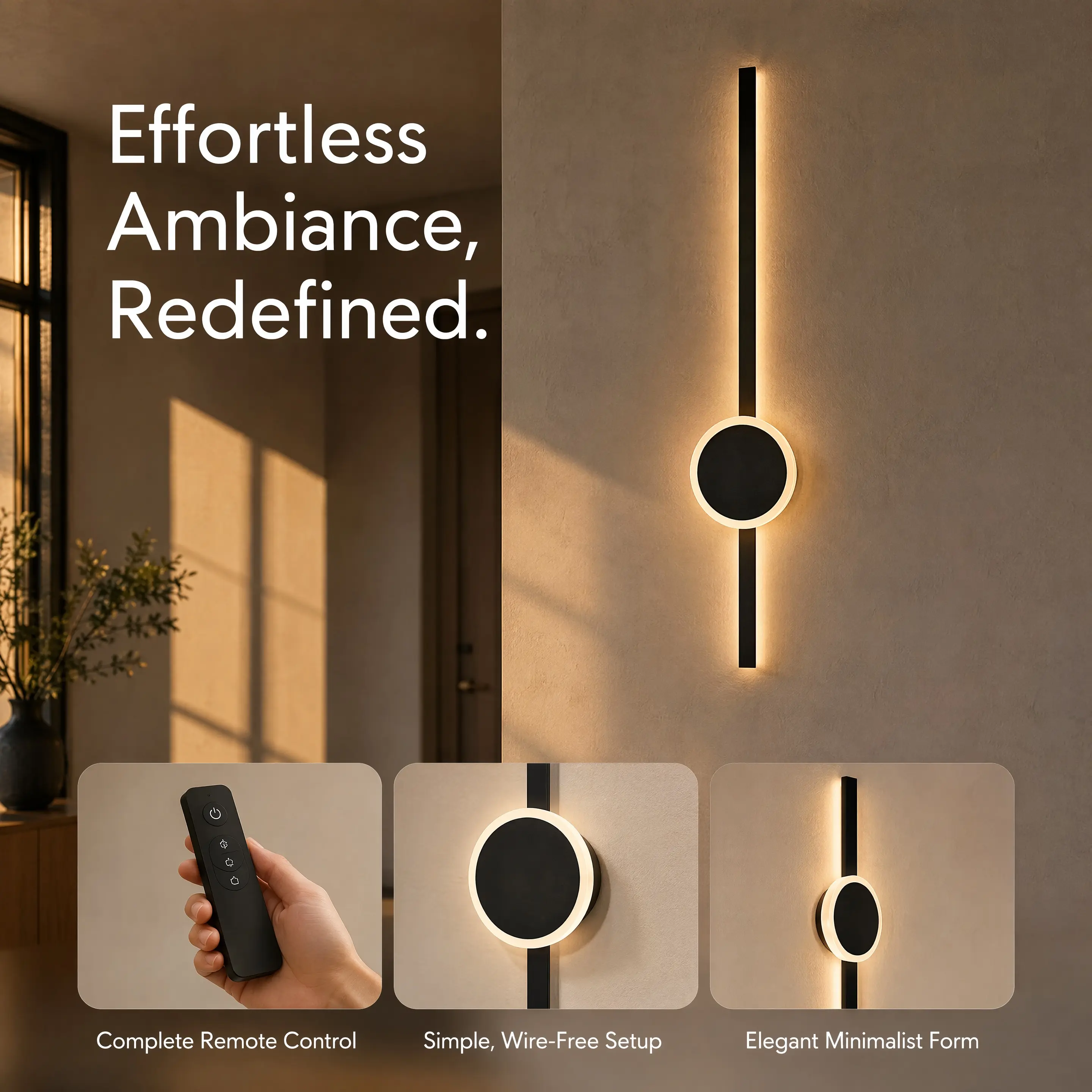 Modern Minimalist Rechargeable LED Wall Sconce - Remote Control, Wire-Free, No Wiring Required - Decorative Wall Lamp for Bedroom, Living Room