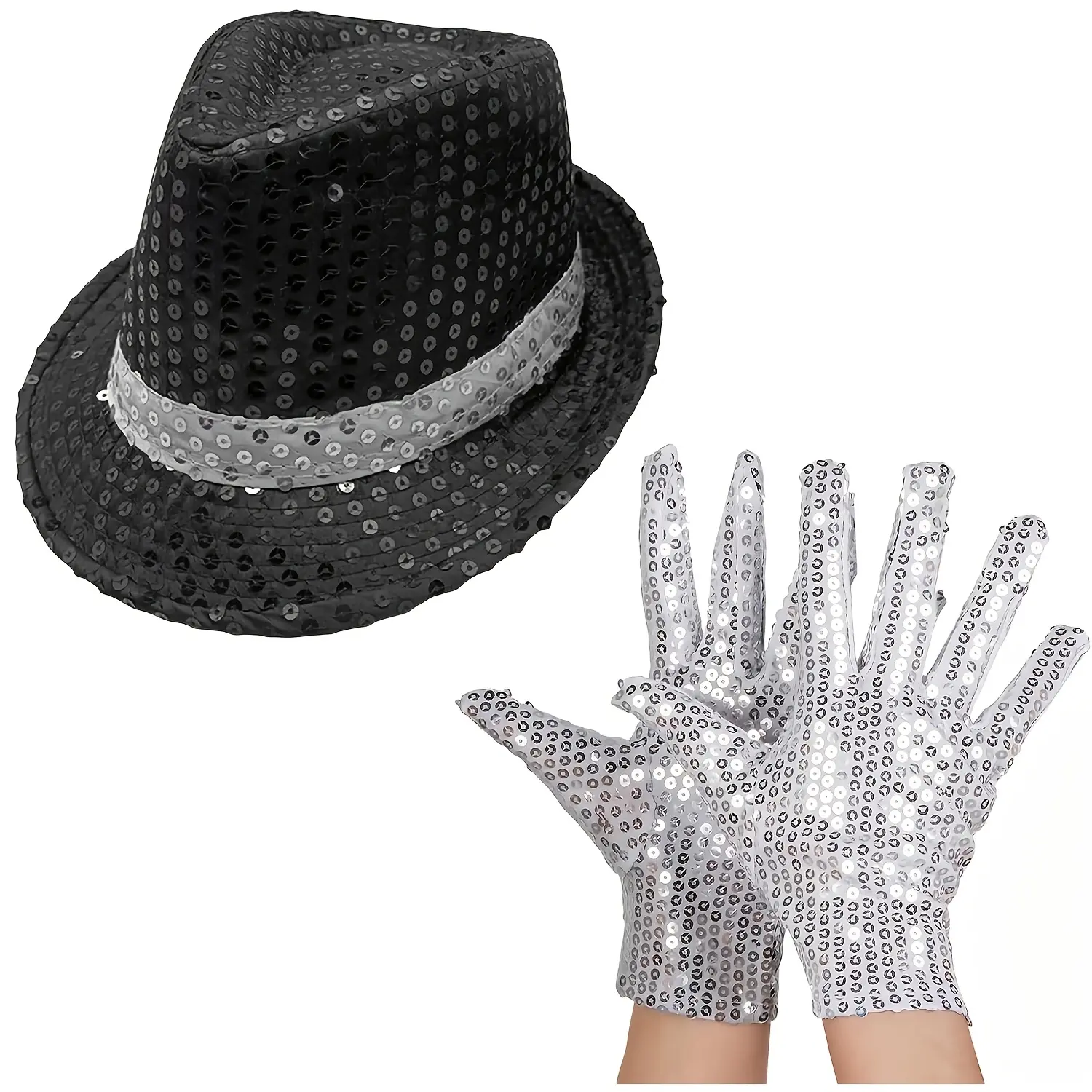 [Halloween Cosplay] 2pcs Halloween for Pop Costume Dance Star Costume Includes Black Hat Sequin Glove Cpop Rockstar, Vocalist for Pop Stage 80S 90S Party Mens Adult Halloween Cosplay, Lucky Star Outfit, Without Battery