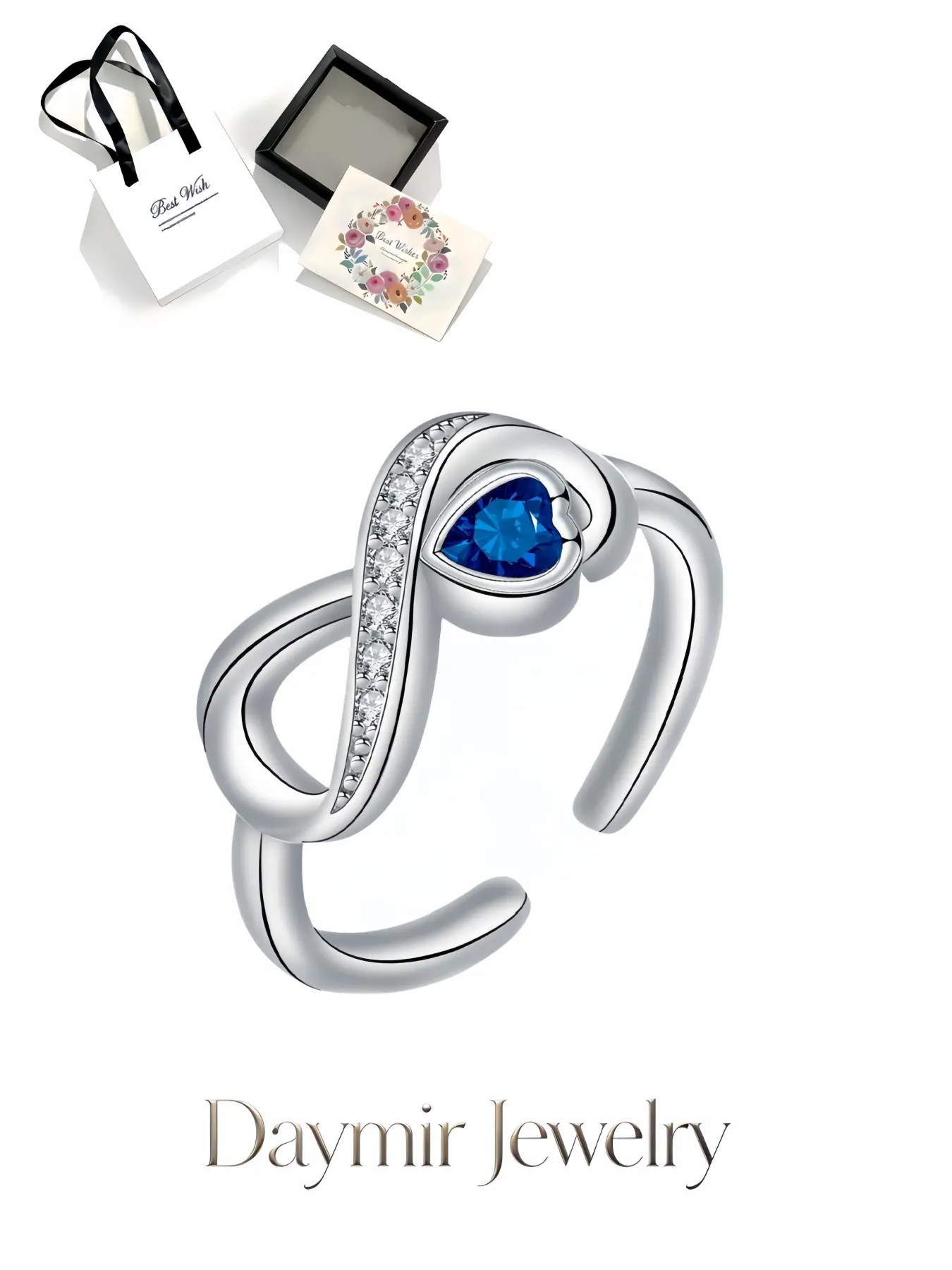 "Silver Blue Flame Infinity", adjustable infinity gem ring for women, packed in delicate drawer jewelry box, ideal gifts for birthdays, Mother’s Day, Valentine’s Day, Christmas and anniversaries.
