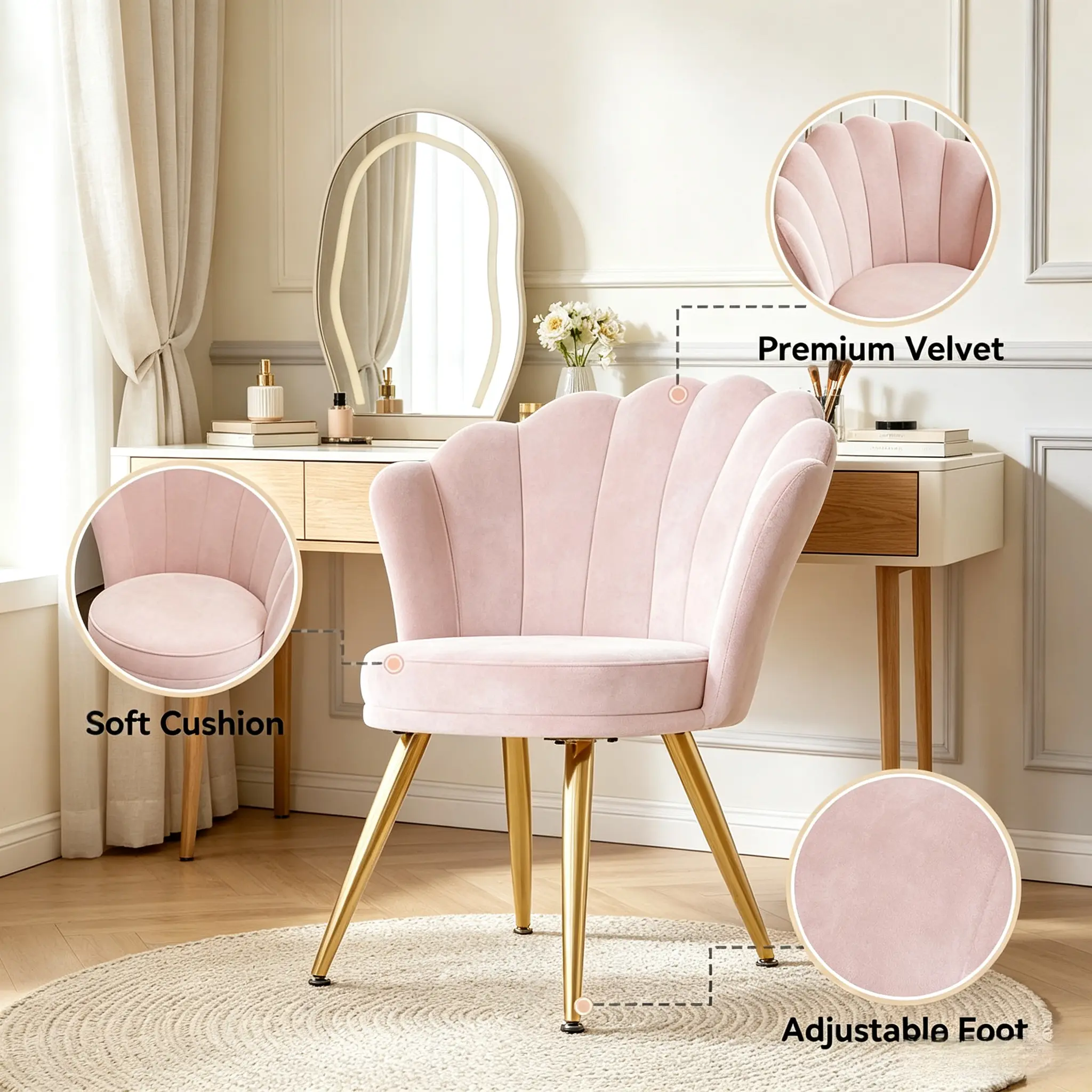 Soft upholstered dressing chair with golden metal legs, suitable for dressing rooms, living rooms and bedrooms