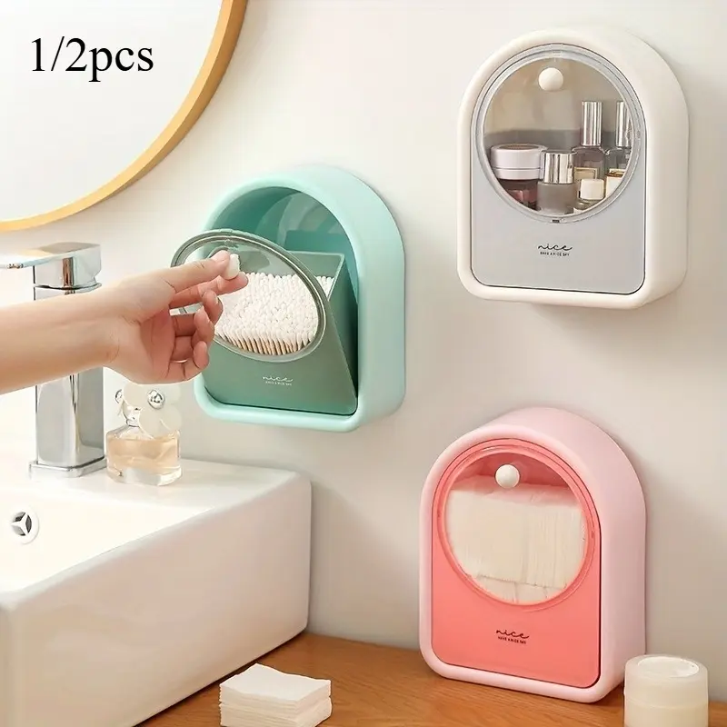 1/2pcs Makeup Cotton Storage Box, Wall Mounted Hanging Wall Flap Put Makeup Cotton Remover Box, Cotton Sheet Cotton Swab Cosmetic Box, Punch-free Makeup Organizer, Home Storage & Organization (Green/Pink/White)