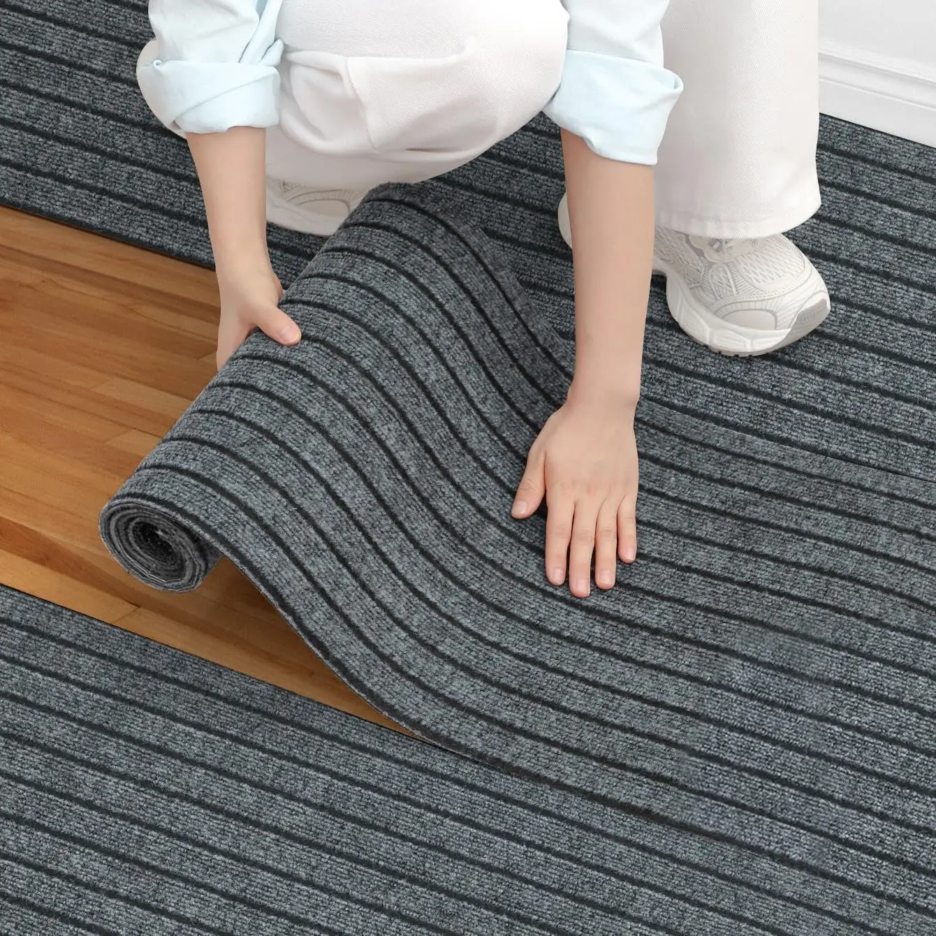 Modern Peel and Stick Carpet Roll - 15.7"x118" Thick Self-Adhesive Silent Anti-Slip Grip Carpet, Scratch Resistant Indoor Floors Protector for High-Traffic Areas, Bedroom (Gray Stripe), Stripe Pattern
