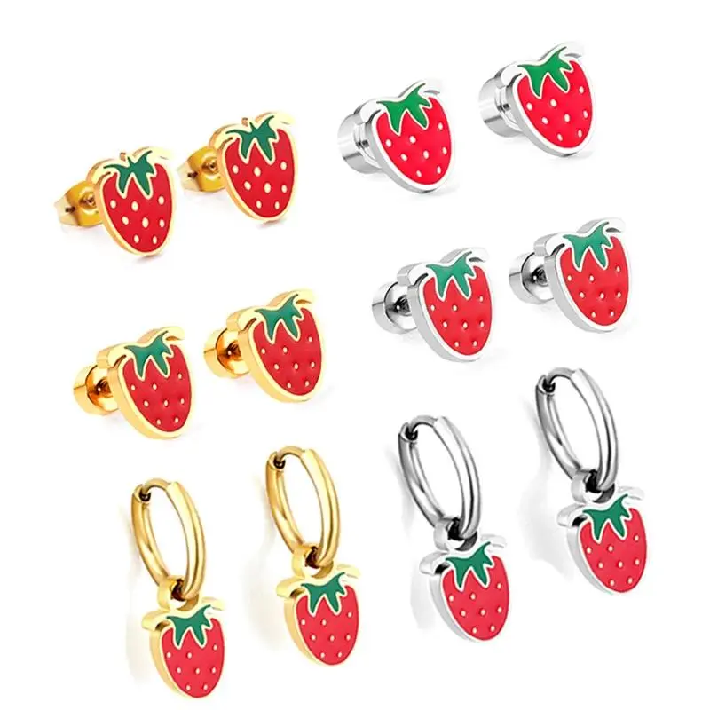 LUXUSTEEL Stainless Steel Fruit Shape Round Stud Earrings, Ear Clip Type Korean Clips for Women, Cute Strawberry BFF Jewelry Kids Gift, Round Studs