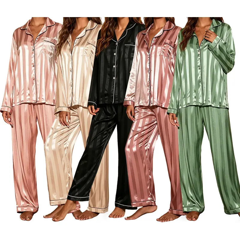 Arrival Women Vertical‑Stripe Satin Two‑Piece Pajama Set, classic suit lapel front‑button closure with chest pocket, contrast piping detail, multi‑color silky soft loungewear for night sleep and home relaxation. # sohochic