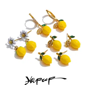 Yhpup Fashion Yellow Resin Zirconia Fruit Lemon Dangle Earrings for Women Stainless Steel Arrivals Chic Jewelry Wholesale