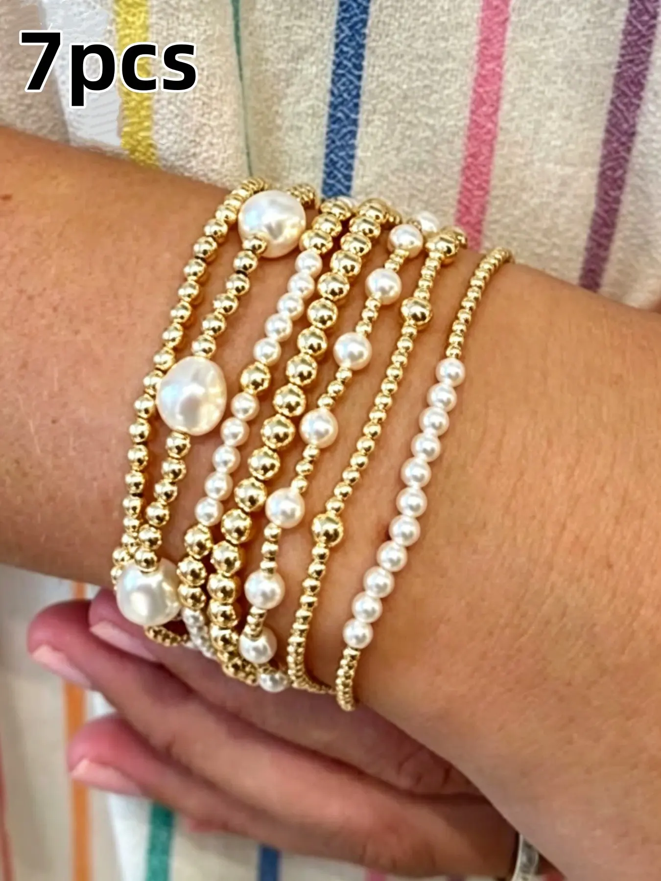 7 Pcs Fashion Ccb Beaded Imitation Pearl Multi-Layer Elastic Bracelet Set, Stackable Women's Bracelets for Daily Wear, Party Accessories, Layered Bracelet Set