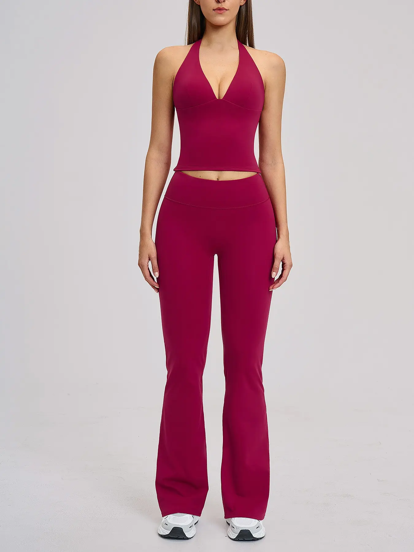 Women's Two-Piece Sports Set, Activewear Workout Set, Halter V-Neck Top with High-Waisted Flare Pants, Breathable Stretch Fabric, 3D Fit, Slimming Effect, Sports Activewear Set, Women Workout Clothes