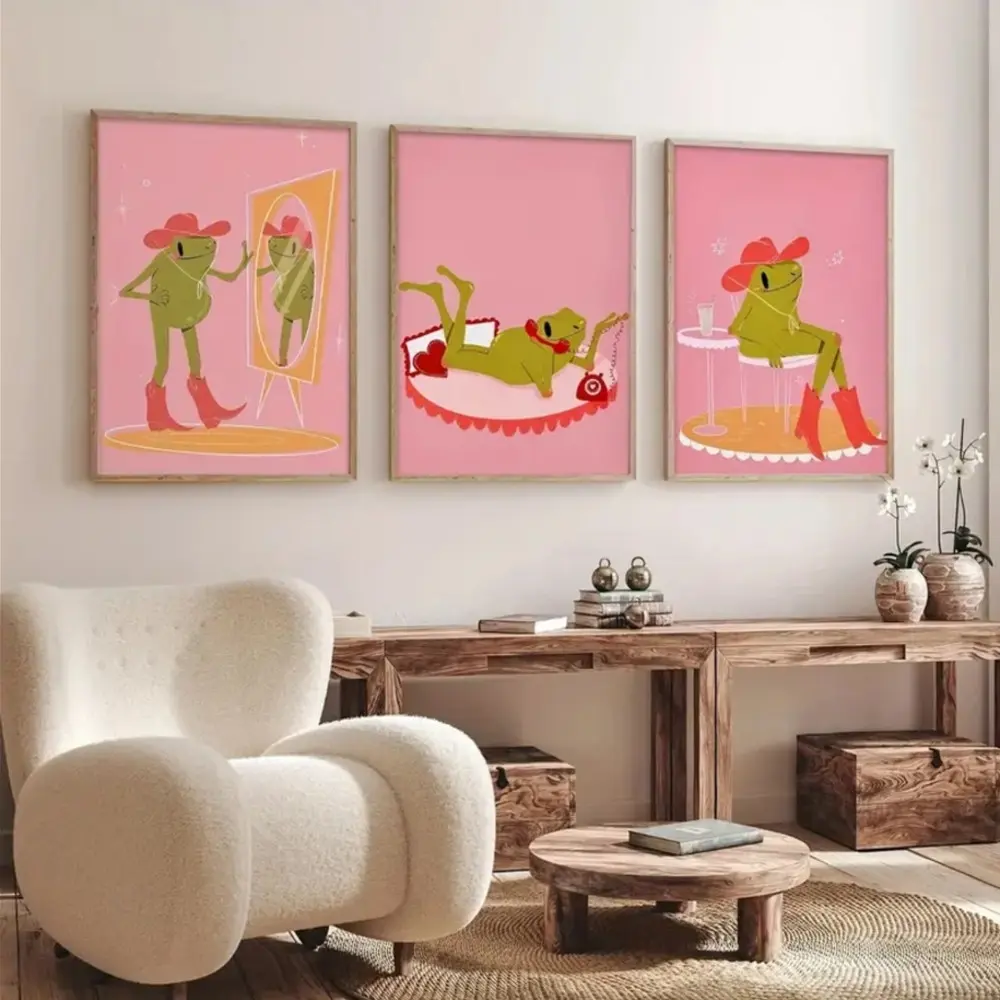 3 Piece Wooden Frame Funny Frog Dancing Wall Poster, Frog Art Decor, Canvas Wall Painting, Art Canvas Prints