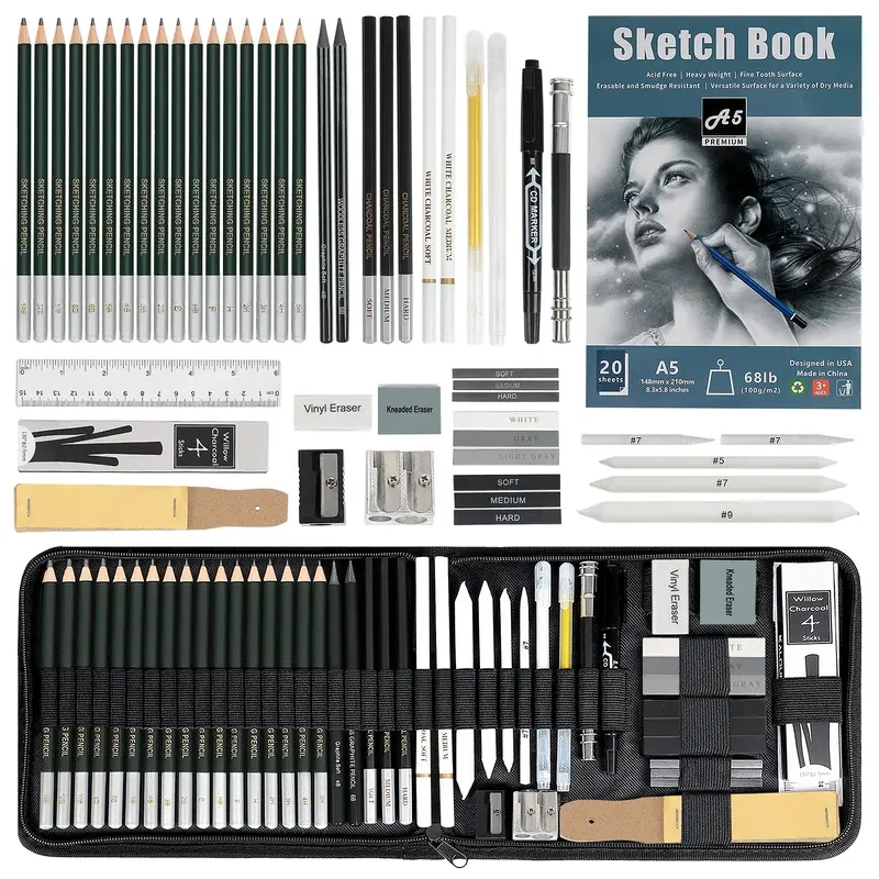 54 Pack Drawing and Sketching Pencil Kit with Sketchbook, Graphite Pencils, Charcoal Pencils and Artist Tools, Complete Art Set for Adults Beginners and Hobby Artists