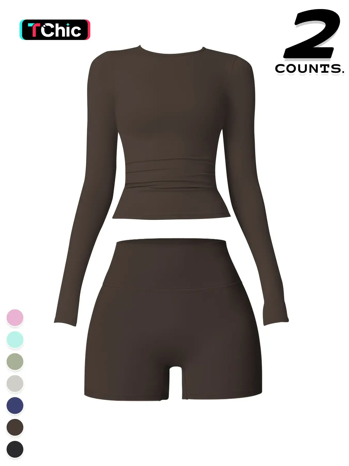 Women's Sporty Two-Piece Set, Athleisure Workout Set, Long Sleeve Breathable Round Neck Top & High Waist Shorts, Comfortable Running Gym