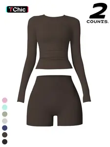 Women's Sporty Two-Piece Set, Long Sleeve Breathable Round Neck Top & High Waist Shorts, Comfortable Running Gym