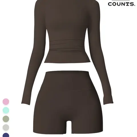 Women's Sporty Two-Piece Set, Long Sleeve Breathable Round Neck Top & High Waist Shorts, Comfortable Running Gym, Workout Running Clothes
