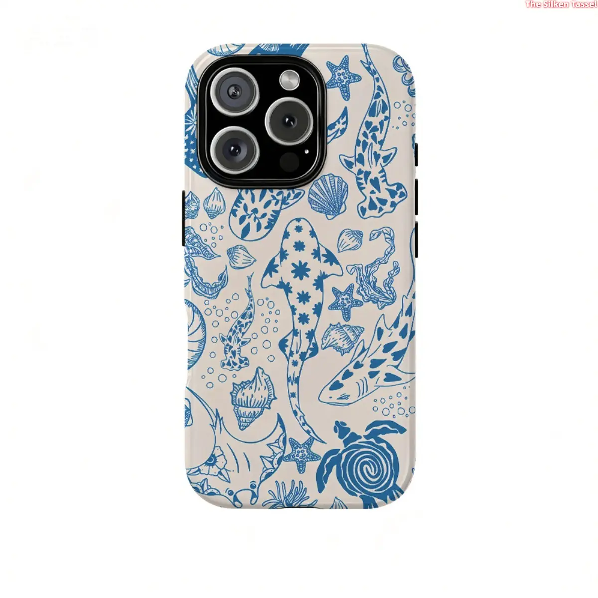 Ocean Sea Animal Print Phone Case Compatible with iPhone17 16 15 14 13 12 Pro Max, Cute Shark Turtle Seashell Pattern Protective Cover, Shockproof Soft Hard Dual Layer Cell Phone Case for Women Beach Summer Fashion Accessory tiktokshopbacktoschool