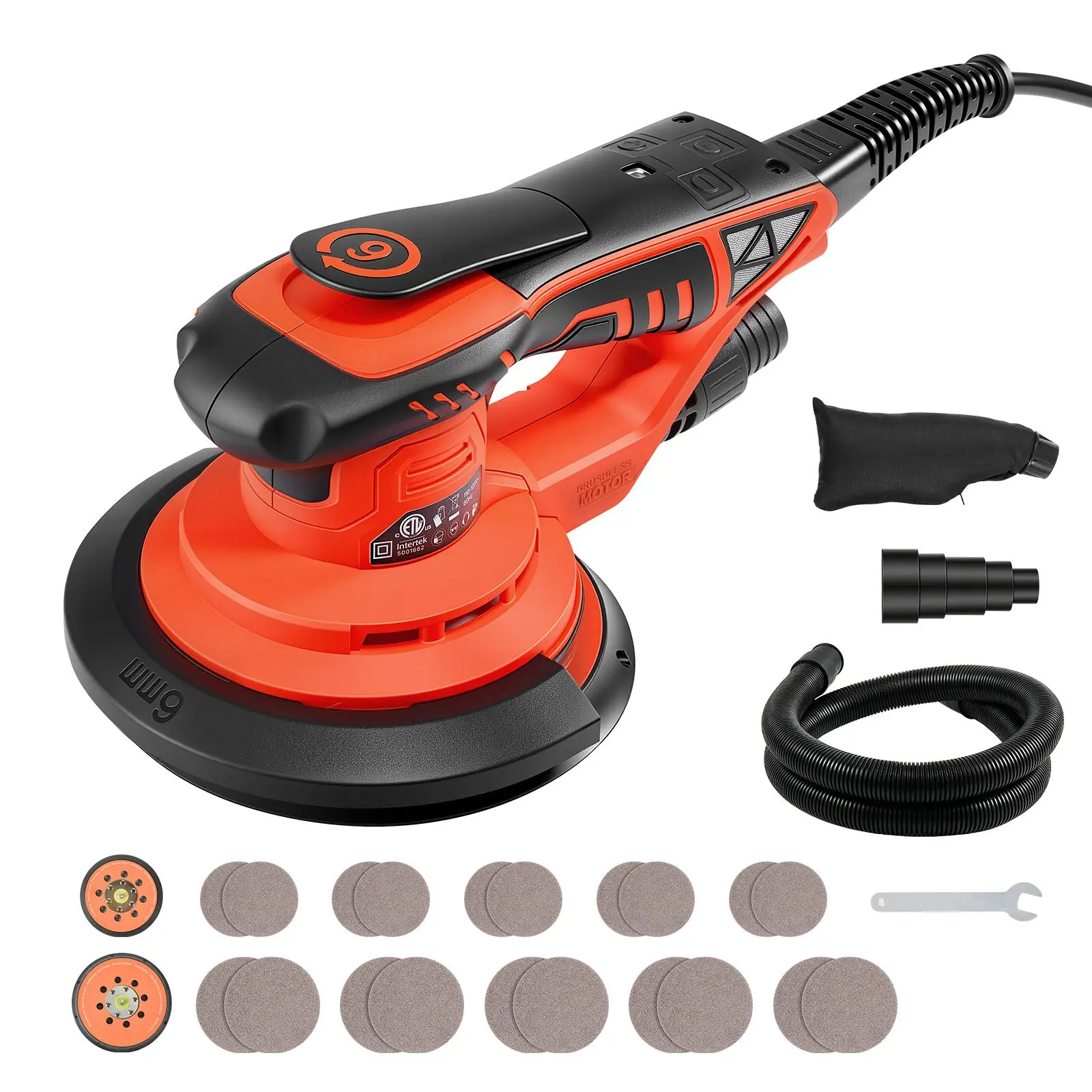 VEVOR 5-6 Inch Random Orbital Sander with 400W Motor, 4000-10000RPM 7 Speeds Brushless Electric Sander, Palm Grip, 20PCS Sandpapers, Dust Bag, Vacuum Hose, PA6+GF30 Build for Woodworking, Car Detailing Products, Inches